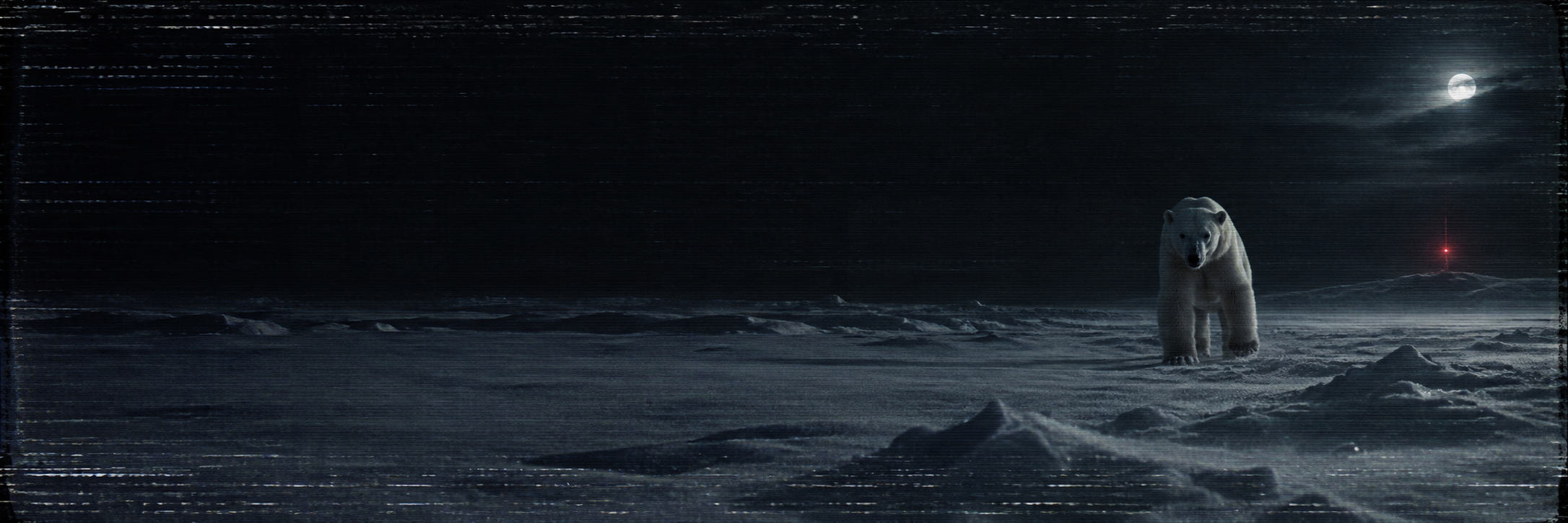 A lone polar bear crossing a dark frozen field under a red warning beacon